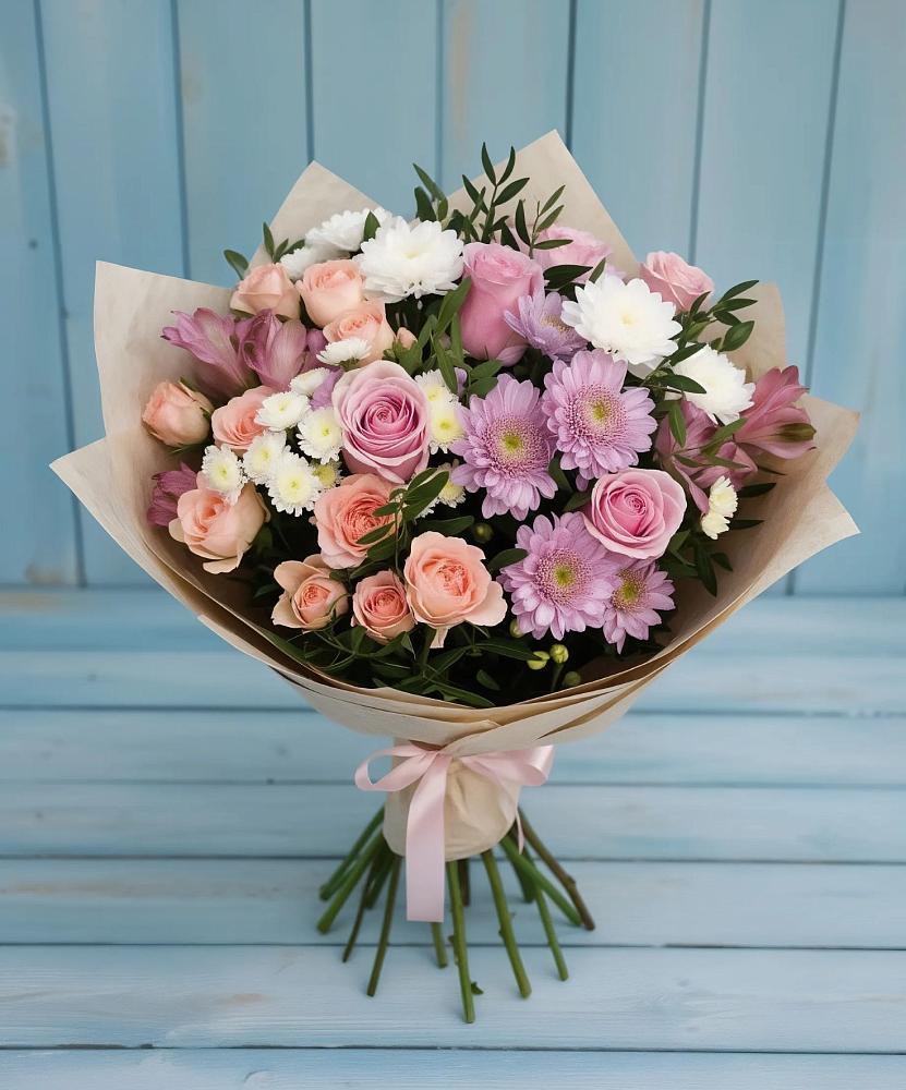 Букет цветов из: Хризантемы, Розы и Альстромерии в Сосновское