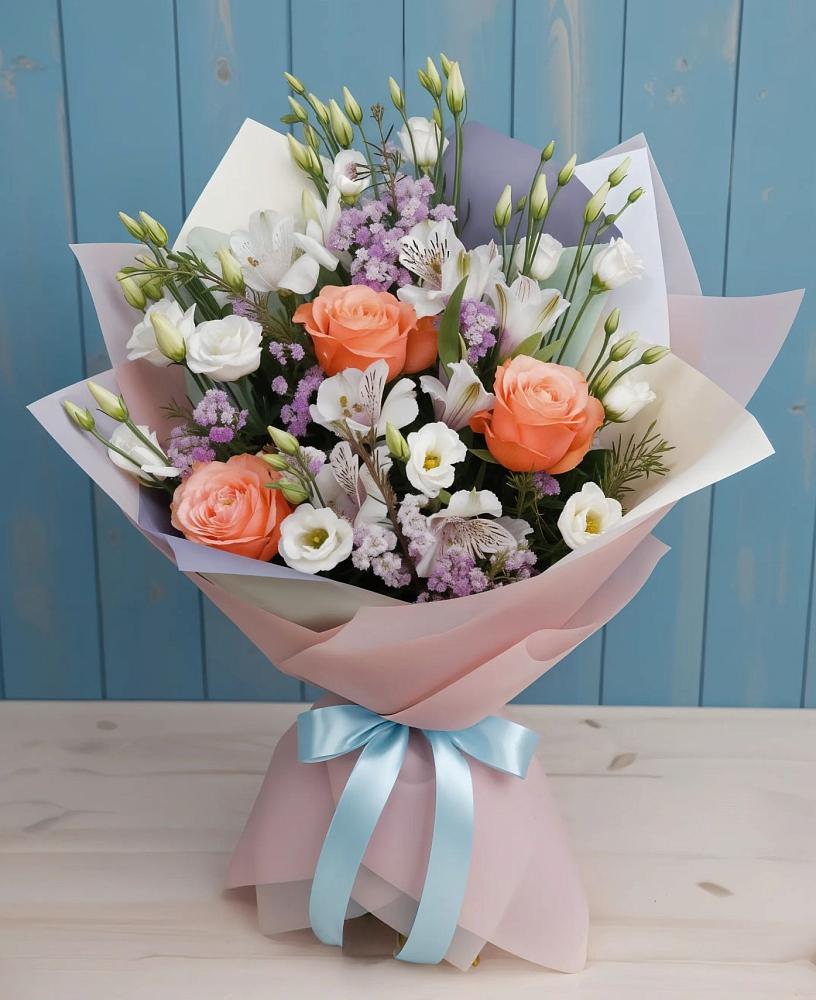 Букет цветов из: Лизиантусы, Розы, Альстромерии и Гипсофила в Сосновское