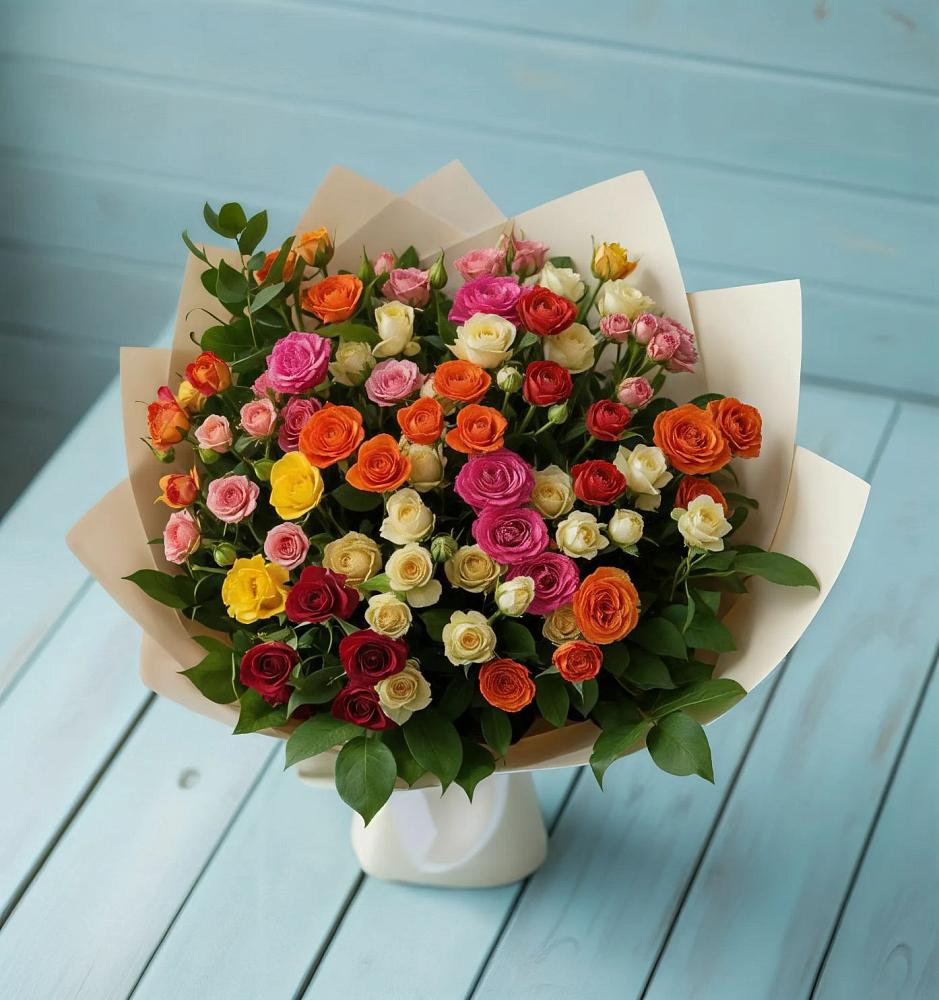 Букет Микс из разноцветных кустовых роз в Сосновское