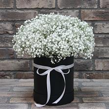 Цветочная композиция из Гипсофила в шляпной коробке в Сосновское