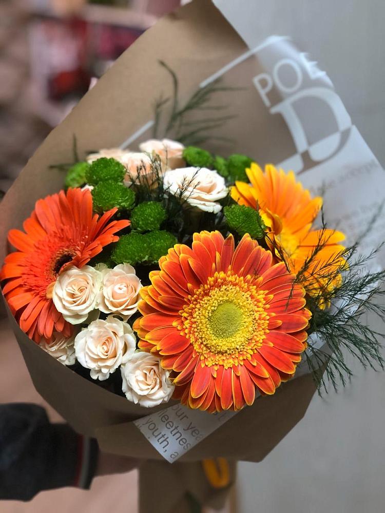 Букет цветов из: Герберы, Хризантемы и Розы в Сосновское