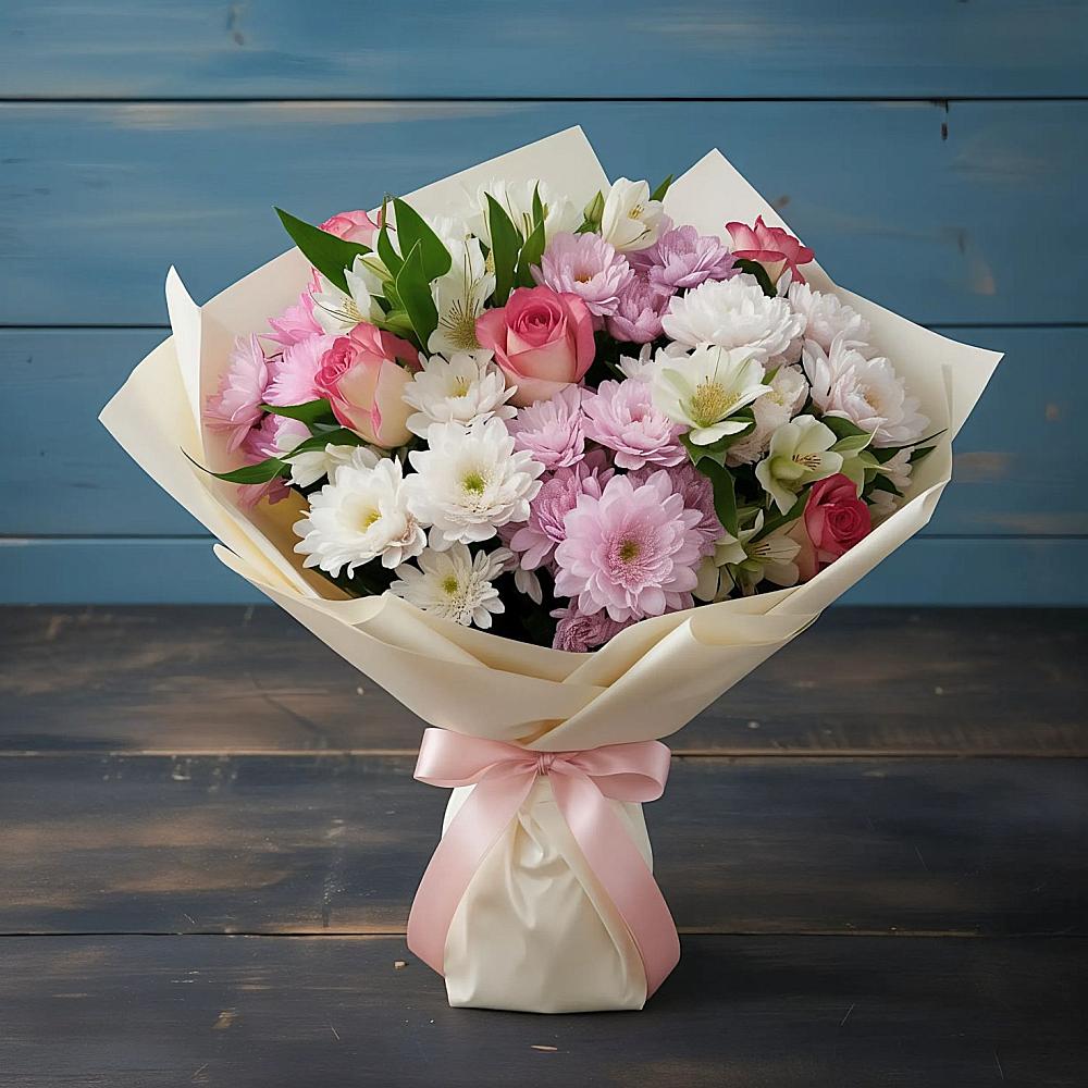 Букет цветов из: Хризантемы, Альстромерии и Розы в Сосновское